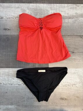 Michael Kors Coral Strapless Tankini Top with Black Bikini Bottom